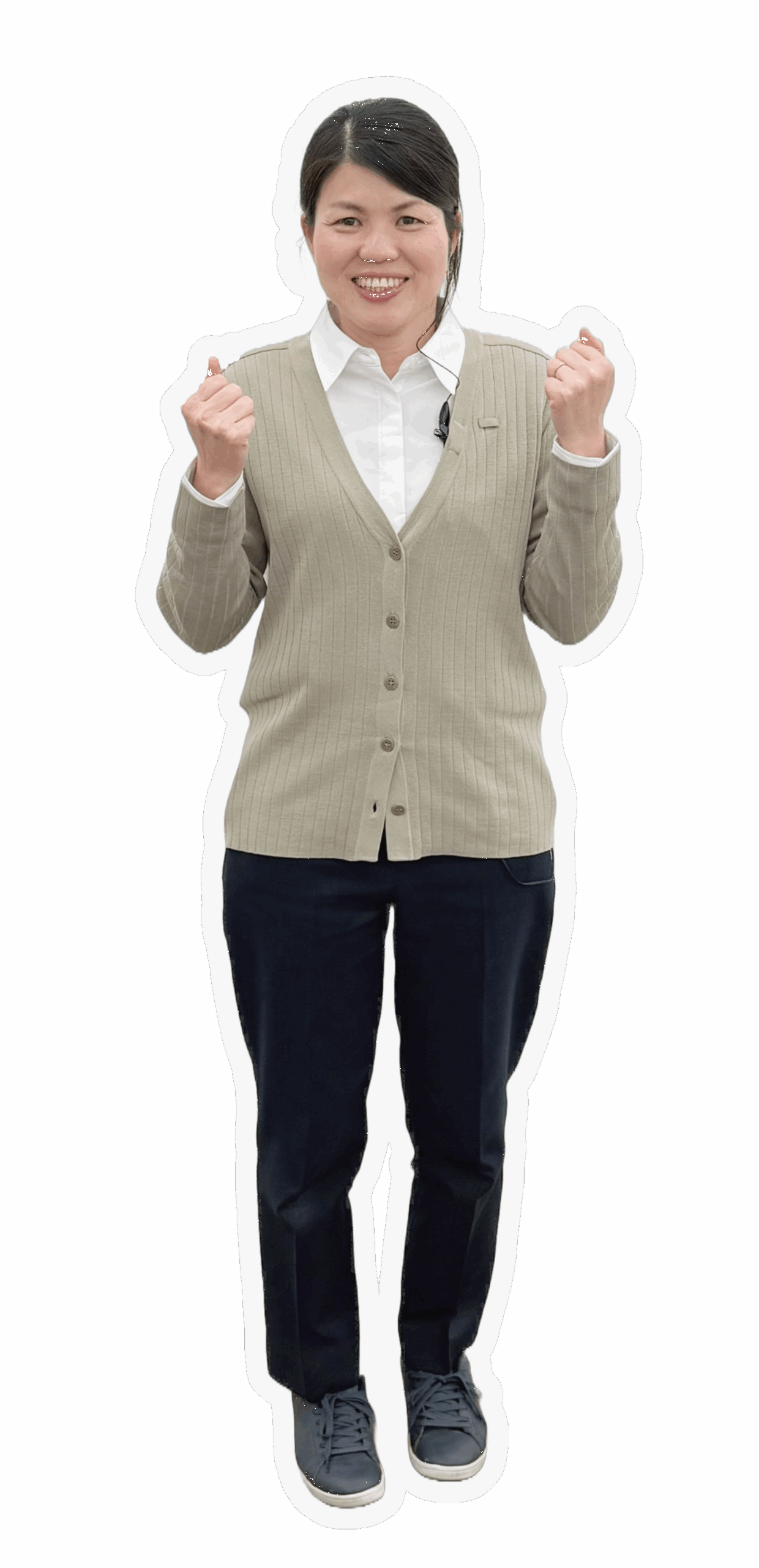 ガッツポーズをする女性スタッフ